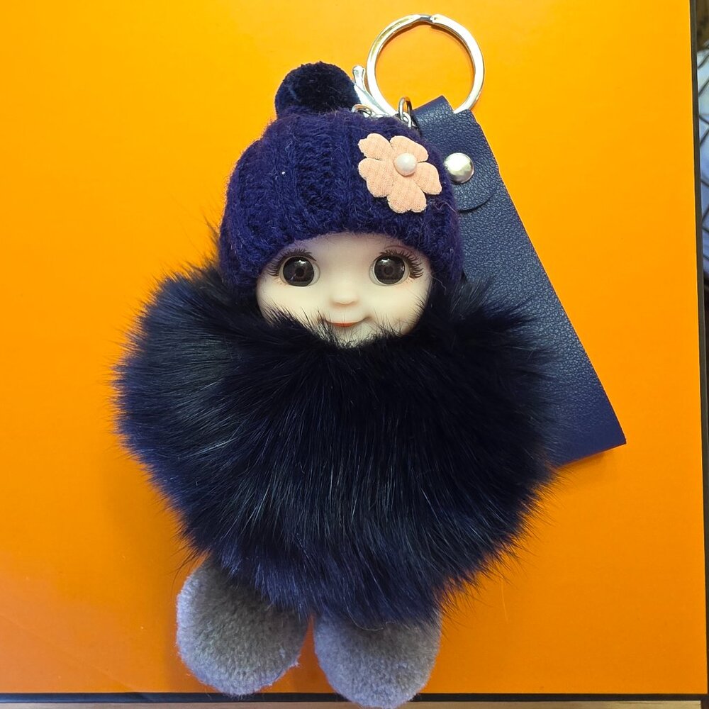 Cute Smiling Fur Baby Keychain with LOVE tag, Plush rabbit fur, Bag Charm